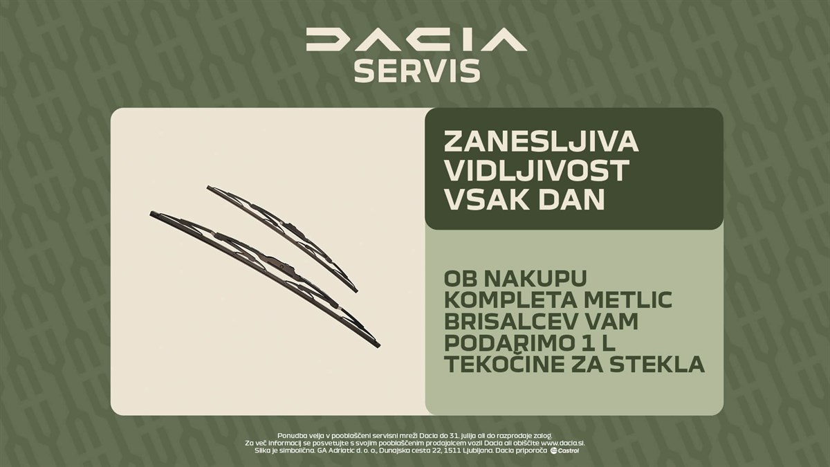 Dacia servis servisna ponudba metlic brisalcev z dvema metlicama na modro-roza ozadju in poudarkom na zanesljivi vidljivosti v vseh vremenskih razmerah.