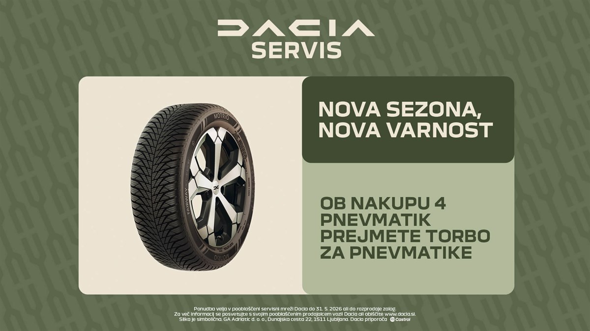 Dacia Servis promocijska slika z gumami in besedilom ob nakupu 4 pnevmatik.