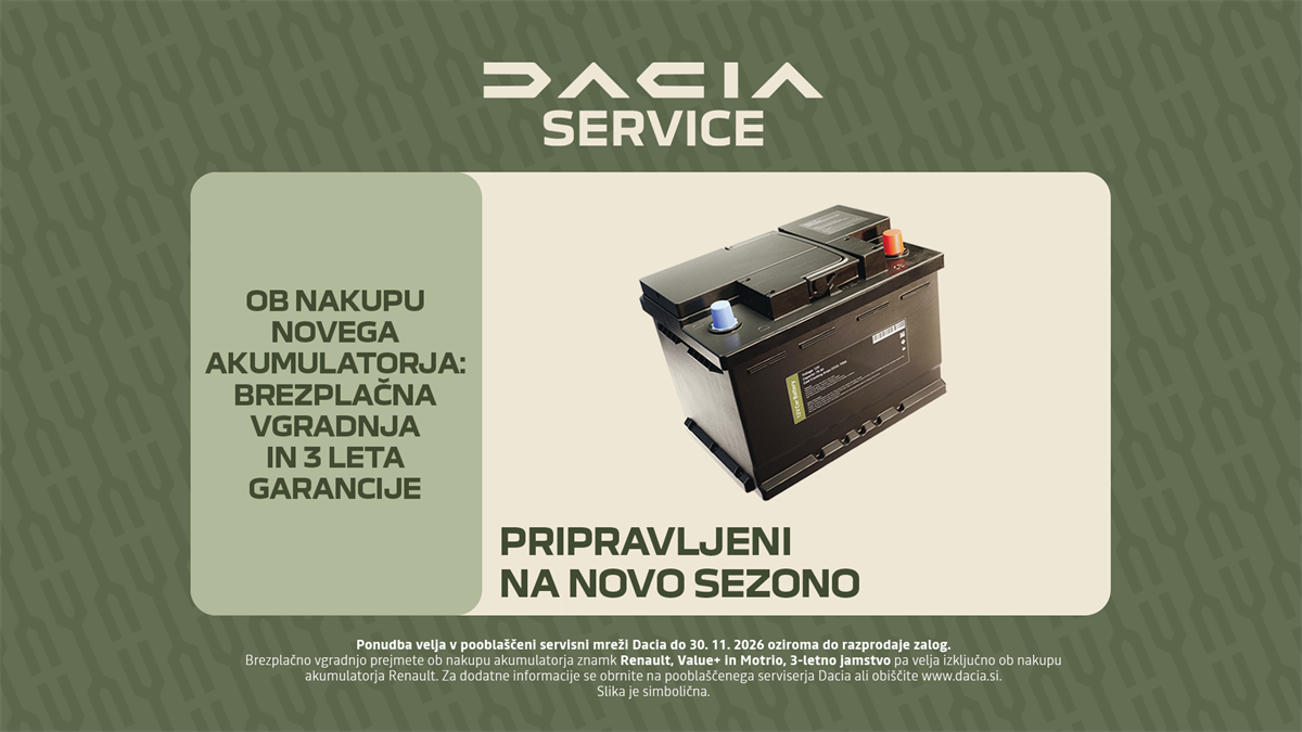 Dacia akumulator na zelenem ozadju, ponudba Dacia Service z brezplačno vgradnjo in 3 leti garancije
