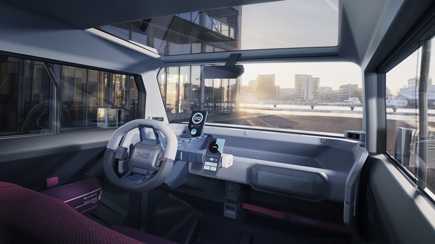 Notranjost Dacia Hipster, kompaktnega električnega konceptnega vozila, s sodobnim volanom, minimalistično armaturno ploščo in velikimi steklenimi površinami.