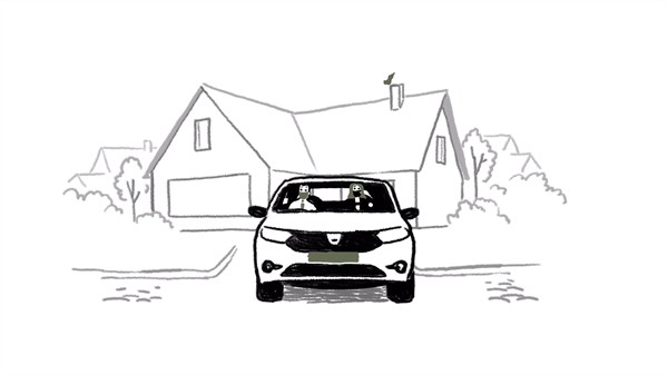 Dacia vozilo pred hišo - skica