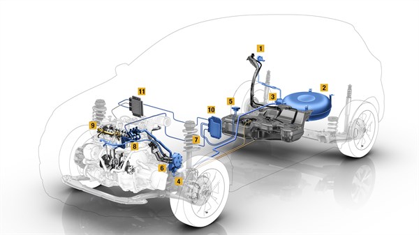 Shema komponent Dacia Eco-G pogonskega sklopa z označenimi deli LPG sistema na belem ozadju.