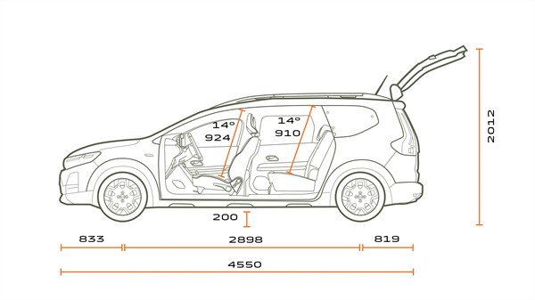 Na sliki je stranski linijski prikaz vozila z odprtimi prtljažnimi vrati. Vidna je celotna notranja razporeditev, vključno s sedeži voznika, sovoznika in druge sedežne vrste.
