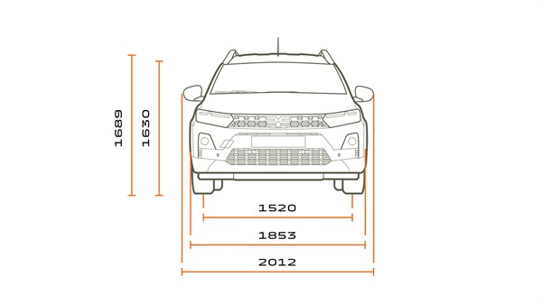 Na sliki je linijski prikaz sprednjega pogleda na vozilo, dopolnjen z merami. Vozilo je narisano v preprostem slogu, jasno so vidni žarometi, maska, ogledala in spodnji del odbijača.