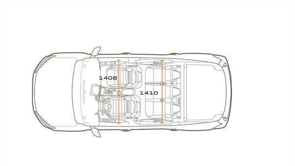 Na sliki je shematski zgornji pogled na notranjost vozila, prikazan z linijsko risbo. Vidni so trije pari sedežev v dveh vrstah ter prtljažni prostor v zadnjem delu.