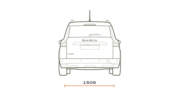 Na sliki je preprosta linijska skica zadnjega pogleda na vozilo Dacia Jogger. Prikazani so zadnje steklo z brisalcem, zadnji žarometi, napis Dacia na prtljažnih vratih in spodnji del odbijača.