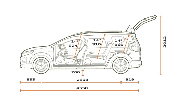 Na sliki je stranski linijski prikaz vozila z odprtimi prtljažnimi vrati. Vidna je celotna notranja razporeditev, vključno s sedeži voznika, sovoznika in druge sedežne vrste.
