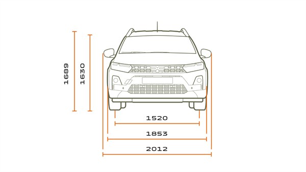 Na sliki je linijski prikaz sprednjega pogleda na vozilo, dopolnjen z merami. Vozilo je narisano v preprostem slogu, jasno so vidni žarometi, maska, ogledala in spodnji del odbijača.