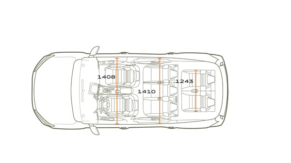 Na sliki je shematski zgornji pogled na notranjost vozila, prikazan z linijsko risbo. Vidni so trije pari sedežev v dveh vrstah ter dva sedeža v zadnjem delu.