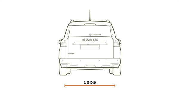 Na sliki je preprosta linijska skica zadnjega pogleda na vozilo Dacia Jogger. Prikazani so zadnje steklo z brisalcem, zadnji žarometi, napis Dacia na prtljažnih vratih in spodnji del odbijača.