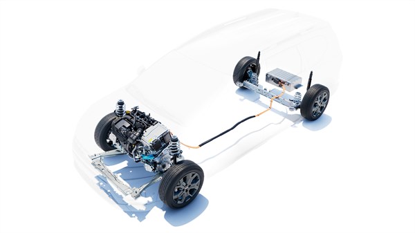 Na sliki je prikazan tehnični prikaz pogonskega sklopa vozila. Karoserija je upodobljena prosojno, da so jasno vidni ključni mehanski sklopi