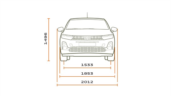 Na sliki je linijski prikaz sprednjega pogleda na vozilo, dopolnjen z merami. Vozilo je narisano v preprostem slogu, jasno so vidni žarometi, maska, ogledala in spodnji del odbijača.