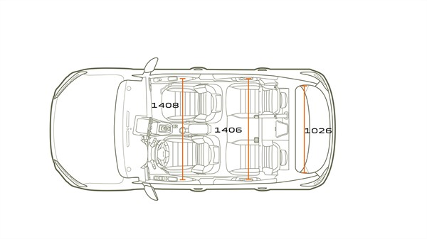 Na sliki je shematski zgornji pogled na notranjost vozila, prikazan z linijsko risbo. Vidni so trije pari sedežev v dveh vrstah ter prtljažni prostor v zadnjem delu.
