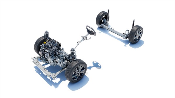 TCe 100 - Na sliki je prikazana tehnična zasnova vozila, razdeljena na dva ločena sklopa. Spredaj sta motor, sprednji kolesni par, vzmetenje, krmilni mehanizem in del šasije.