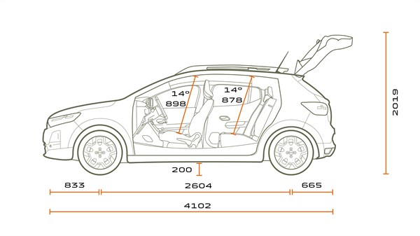 Na sliki je stranski linijski prikaz vozila z odprtimi prtljažnimi vrati. Vidna je celotna notranja razporeditev, vključno s sedeži voznika, sovoznika in druge sedežne vrste.