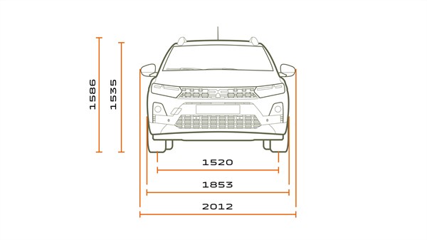 Na sliki je linijski prikaz sprednjega pogleda na vozilo, dopolnjen z merami. Vozilo je narisano v preprostem slogu, jasno so vidni žarometi, maska, ogledala in spodnji del odbijača.