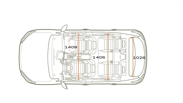 Na sliki je shematski zgornji pogled na notranjost vozila, prikazan z linijsko risbo. Vidni so trije pari sedežev v dveh vrstah ter prtljažni prostor v zadnjem delu.