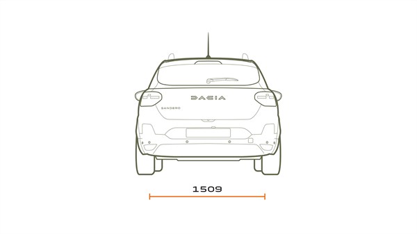 Na sliki je preprosta linijska skica zadnjega pogleda na vozilo Dacia Sandero.
