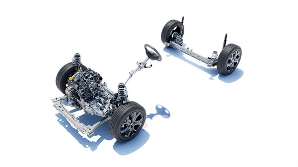 TCe 110 - Na sliki je prikazana tehnična zasnova vozila, razdeljena na dva ločena sklopa. Spredaj sta motor, sprednji kolesni par, vzmetenje, krmilni mehanizem in del šasije.