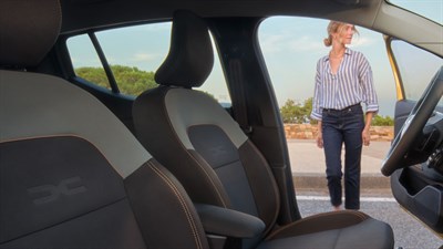 Na sliki je notranjost vozila z osrednjim pogledom na sprednja sedeža, zunaj pa stoji ženska, ki gleda proti notranjosti vozila.