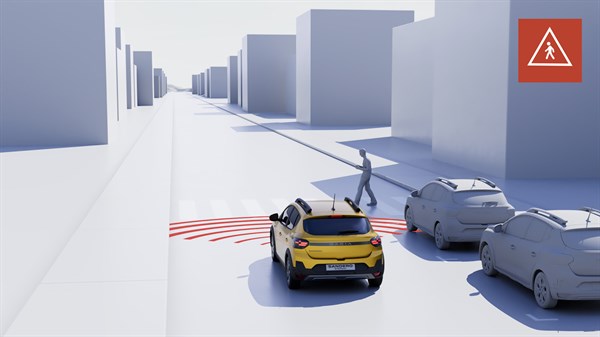 Slika prikazuje varnostni sistem samodejnega zaviranja v sili z zaznavanjem pešcev in kolesarjev.