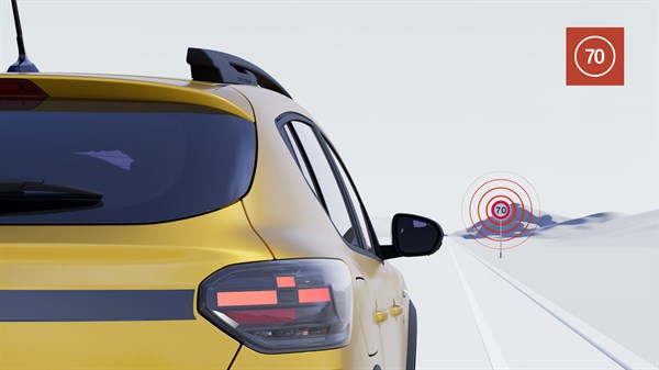 Slika prikazuje varnostni sistem za prepoznavanje prometnih znakom z opozorilom o hitrosti.