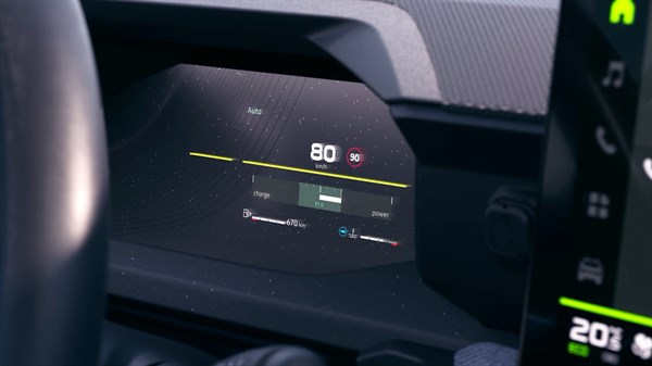 Digitalni zaslon LightVisio v vozilu Dacia Striker s prikazom hitrosti.