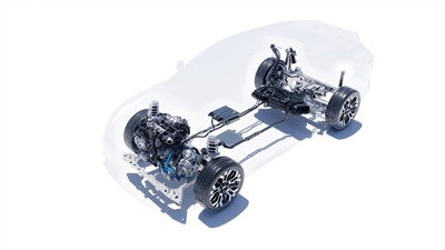 Shematski prikaz pogonskega sklopa Hybrid 150 4x4 v vozilu Dacia Striker.